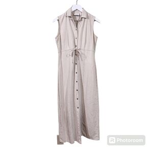 Vintage Liz Claiborne Linen Dress Y2k Tan Sleeveless w Collar, sz 4